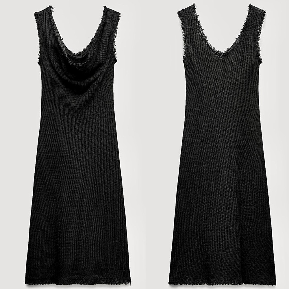 Zara NWT BLACK tweed crochet knit textured black frayed edges midi dress, draped